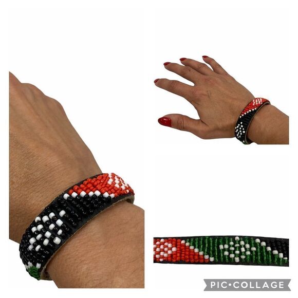 Vintage Leather & Glass Bead Snap‎ Closure Bracelet - Picture 1 of 9